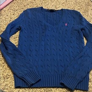 Ralph Lauren Women's Blue Cable Knit V-Neck Sweater